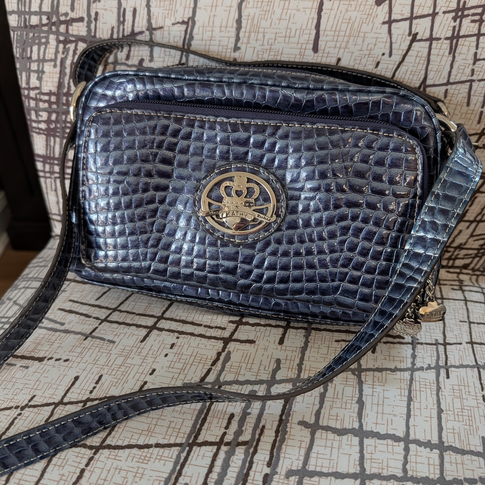 Kathy Van Zeeland Navy Croc-Embossed Crossbody with Gold Crest